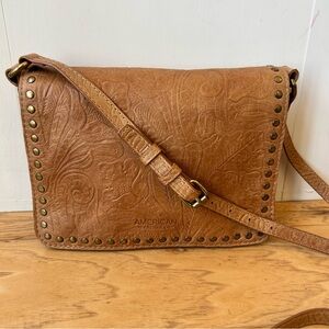 American Leather Co Tooled Crossbody Bag Tan Brass